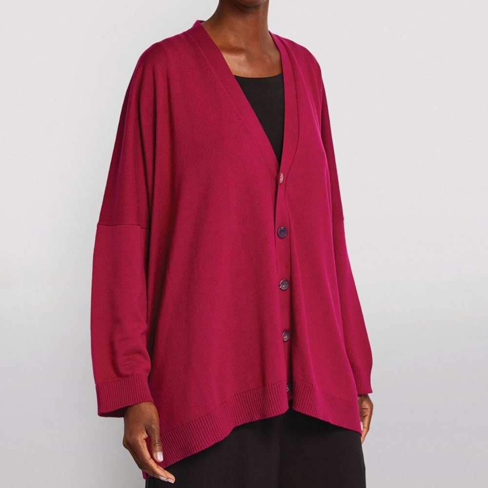 NWT ESKANDAR Wide-Square 100% Linen Button Front Oversized Cardigan Magenta O/S‎
